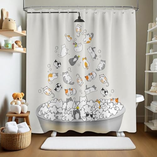 Cute Cat Shower Curtain Kids Animal Cartoon Bathroom Decor, Waterproof Cloth Fabric with Hooks 70" W x 84" L