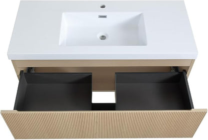 42 Inch Floating Bathroom Vanity with Sink, Wall-Mounted Striped Storage Cabinet with Soft-Close Drawer, Glossy White Solid Surface Basin, Fully Assembled, Natural Oak Finish