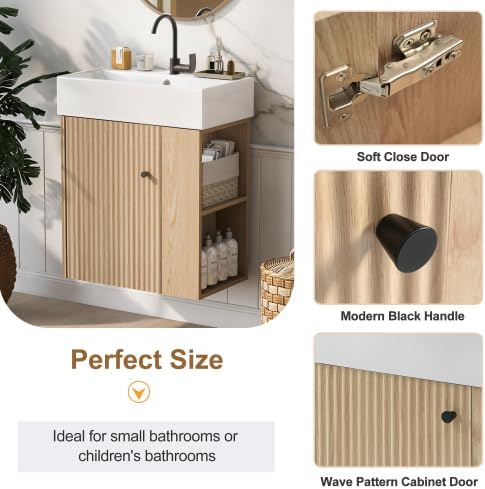 BNSPLY 22 Inch Floating Bathroom Vanity with Sink, Wall Mounted Bathroom Vanity Cabinet with Ceramic Sink, Modern Single Basin Vanities, Small Restroom Basin Cabinet with Right Side Storage, Wood