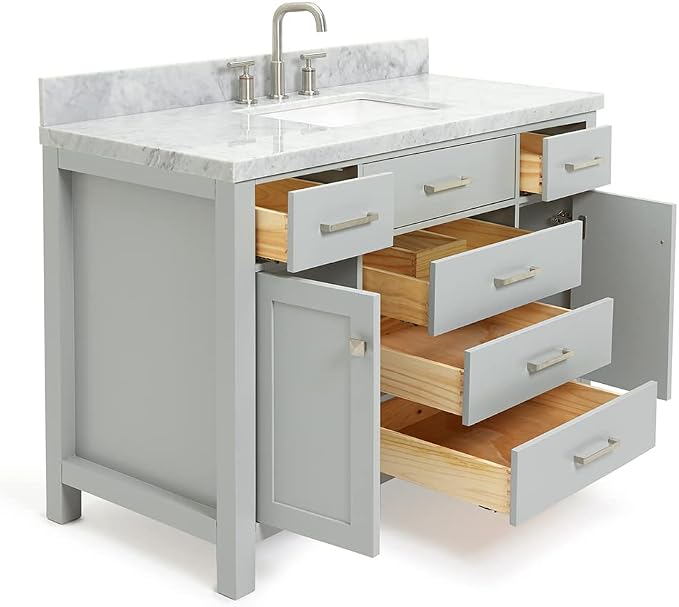 Alenza 48-Inch Grey Bathroom Vanity, 1.5-Inch Edge Italian Carrara Marble Countertop & Backsplash, Rectangular Sink, 2 Soft Closing Doors, 5 Dovetail Drawers, Polished Chrome Hardware