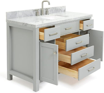 Alenza 48-Inch Grey Bathroom Vanity, 1.5-Inch Edge Italian Carrara Marble Countertop & Backsplash, Rectangular Sink, 2 Soft Closing Doors, 5 Dovetail Drawers, Polished Chrome Hardware