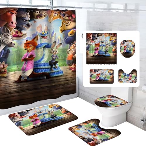 Cute Zotopia 2 Shower Curtain Set 4 Piece with Non-Slip Rugs, Toilet Lid Cover and Bath Mat Cartoon Bathroom Decor 72 x 72inch (Zotopia 2)