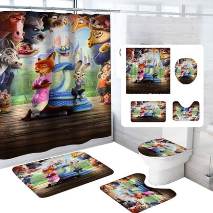 Cute Zotopia 2 Shower Curtain Set 4 Piece with Non-Slip Rugs, Toilet Lid Cover and Bath Mat Cartoon Bathroom Decor 72 x 72inch (Zotopia 2)