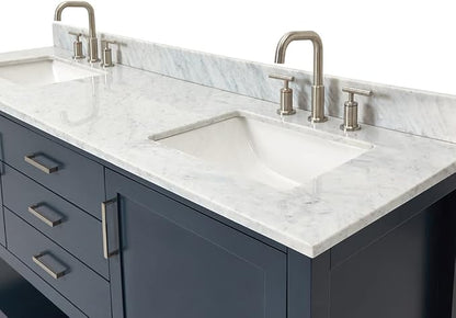 ARIEL Bayhill 72-inch Bathroom Vanity with Sink,Solid Wood, 0.75-inch Italian Carrara Marble Countertop, Double Rectangular Porcelain Sink, 2 Soft Closing Doors, 3 Dovetail Drawers, Midnight Blue