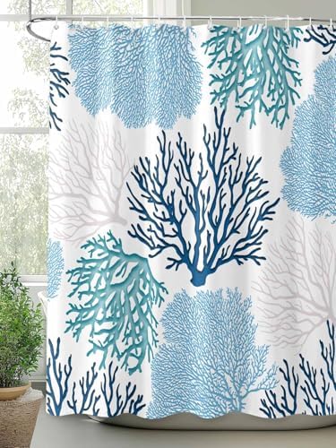 Shower Curtain Bathroom Set Classic Sea Blue Coral Waterproof Shower Curtains with Grommets Hooks Abstract Marine Life Scenery Privacy Bath Curtain for Bathtub Decor 60x72in