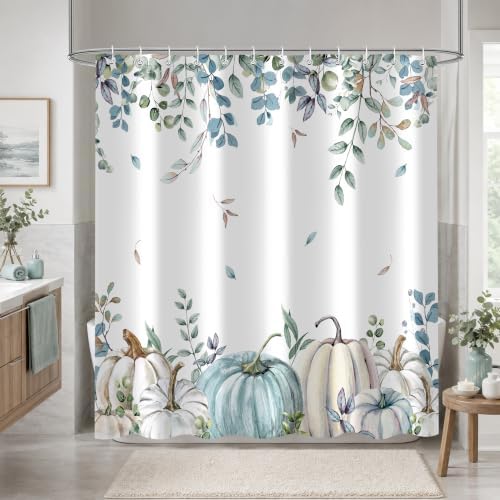 Blue Pumpkin Shower Curtain, 60 x 72 Inch Watercolor White Pumpkin Eucalyptus Bathroom Curtain, Fall Farmhouse Bath Curtain for Tub Shower Decor, Multiple Sizes