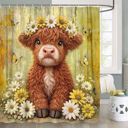 Cute Cow Shower Curtain, Farmhouse Rustic Yellow Floral Daisy Highland Cow Shower Curtains for Bathroom, Calf Country Farm Animal Garden Plant Fabric Bathroom Decor with Hooks, 70x72 inch
