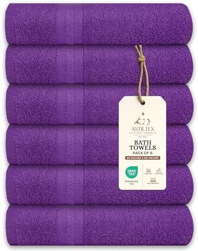 Bath Towels Pack of 6 – 24" x 50" – 100% Cotton Terry, Soft, Quick-Dry & Highly Absorbent – Purple Towels for Bathroom, Spa, Gym, Hotel, Pool & Everyday Use