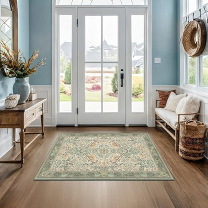 Large Entryway Rugs Indoor - Sage Green 3x4 Washable Rugs for Kitchen Bedroom Beside Bed Door Mat Indoor Entrance with Beige Woodland Flowers, Non Slip Stain Resistant Low Pile