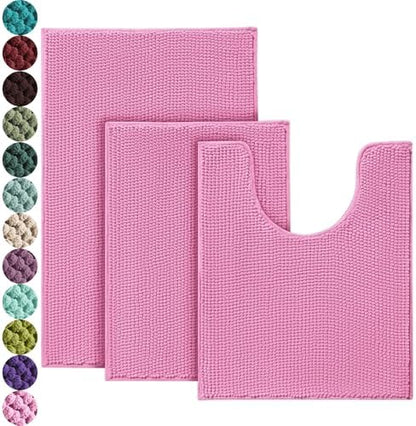 Urvoix Bathroom Rugs Sets 3 Piece, Chenille Bath Mat Set, Pink