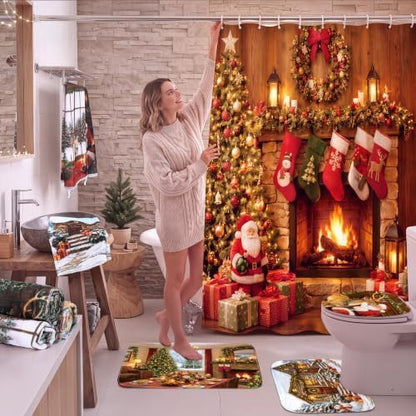 FuWeave 8Pcs Vintage Christmas Shower Curtain Set, Rustic Fireplace Cabin Bathroom Decor with Santa Reindeer & Xmas Stocking, Non Slip Pine Tree Bath Mat, Toilet Lid Cover, Hand Towels and 12 Hooks