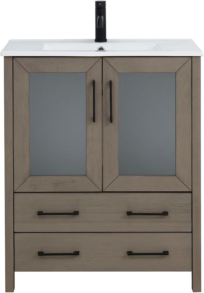 Vanity Art 30" Single Sink Bathroom Vanity with 1 Mirror, Ceramic Top Cabinet Compact Set with 2 Dovetail Storage Drawers and Matte Black Handles, Dark Grey, VA3030-DG