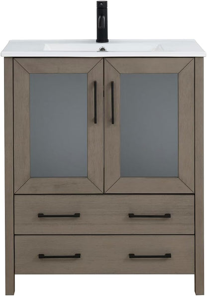 Vanity Art 30" Single Sink Bathroom Vanity with 1 Mirror, Ceramic Top Cabinet Compact Set with 2 Dovetail Storage Drawers and Matte Black Handles, Dark Grey, VA3030-DG