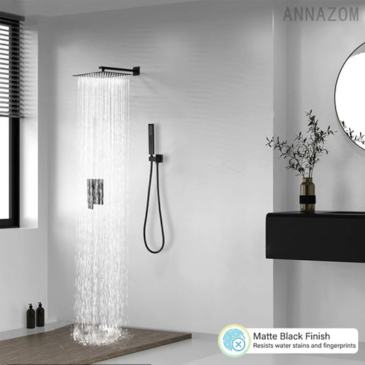 Shower Faucet Set Rain Shower System Matte Black with High Pressure 10-Inch Shower Head Handheld Square Shower Head Bathroom Luxury Rain Shower Faucet Shower Complete Combo Kit Wall Mounted