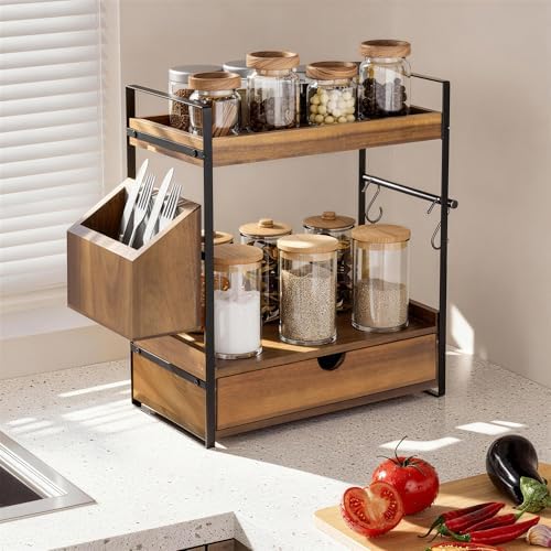 2-Tier Bathroom Counter Organizer, Acacia Wood Vanity Shelf with Drawer