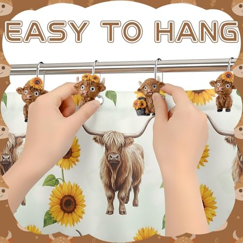 Roowest 12 Pcs Highland Cow Shower Curtain Hooks Sunflower Farmhouse