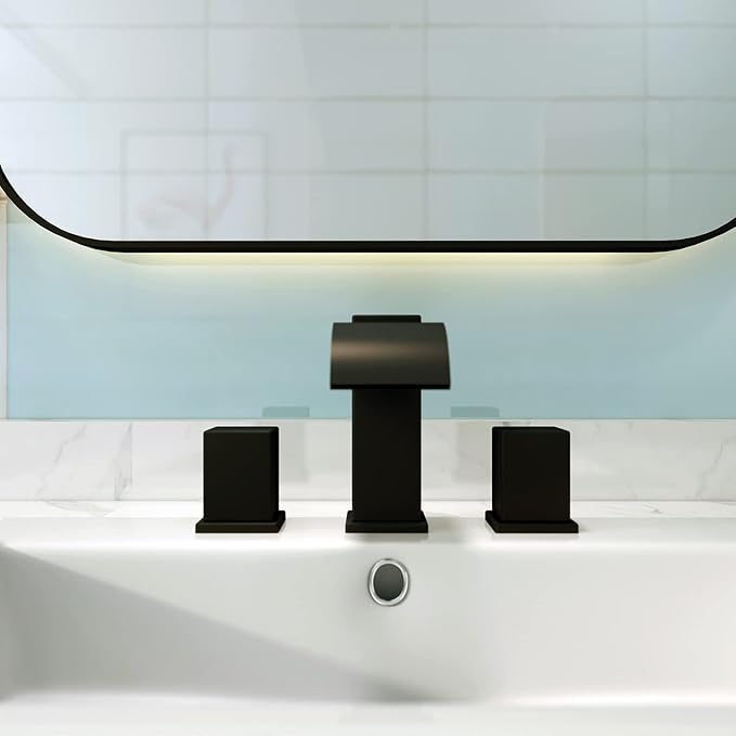 Luxury Brass Widespread Waterfall Bathroom Sink Faucets for 3 Hole 2-Handle 8 Inch Deck Vanity Faucet, &Stainless Steel Pop-up Drain Assembly, Matte Black
