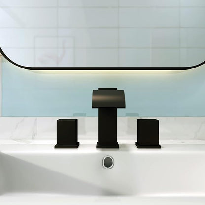 Luxury Brass Widespread Waterfall Bathroom Sink Faucets for 3 Hole 2-Handle 8 Inch Deck Vanity Faucet, &Stainless Steel Pop-up Drain Assembly, Matte Black