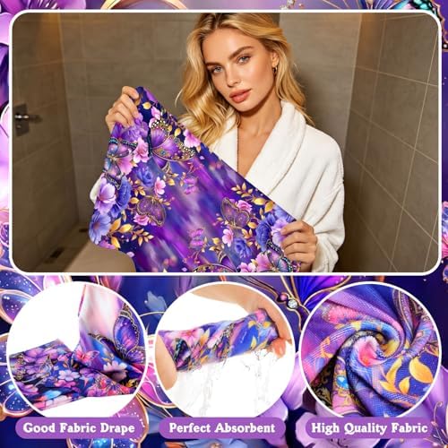 FuWeave 8 Pcs Purple Butterfly Shower Curtain Set for Bathroom Decor Include Elegant Purple Floral Shower Curtain Butterfly Towels Non Slip Rugs Toilet Lid Cover Bath Mat and 12 Hooks