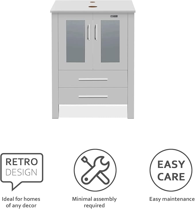 eclife 84" Modern Bathroom Vanity Sink Combo Freestanding Cabinet with Small Side Cabinet, Champagne Boat Glass Vessel Sink, Water Save Faucet, Drain (Gray+A29CH)