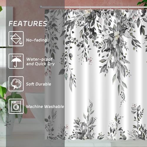 Eucalyptus Shower Curtain, Abstract Aesthetic Art Watercolor Plant Leaves with Floral Bathroom Decor, Waterproof Fabric Cloth Bath Curtain Set with Hooks (Dark Gray, 72x72 Inches)