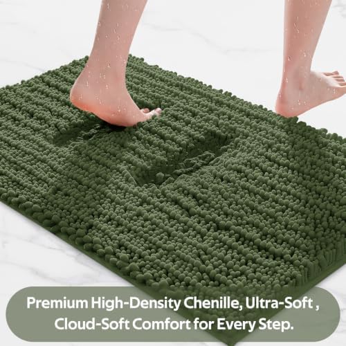 ACCUMTEK Upgrade Extra Large Oliver Green Bathroom Rug Set 3 Pieces Ultra Soft, Thick Absorbent Bath Mats, Non Slip Chenille Toilet Mat for Bathroom, Bedroom, Kitchen