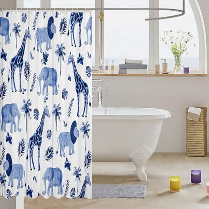Feelyou Safari Animal Shower Curtain Kids Boys Elephant Lion Giraffe Bathroom Waterproof Accessories with 12 Hooks 72x72 Inches Hunter Blue Rust Wildlife Room Decor