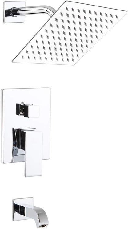 Shower Faucet with Tub Spout Chrome Bathroom Rain Mixer Shower System Wall Mounted Rainfall Shower Head and Handle Set, Tub and Shower Trim Kit with Rough-in Valve