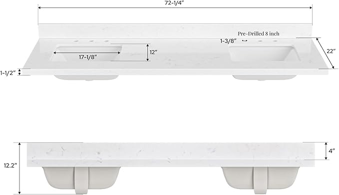 ARIEL 72 inch Double Bathroom Vanity top with Sink, 1.5 Inch Thick Miter Edge Carrara White Quartz top, Rectangle Double Sink Vanity top, Includes Backsplash