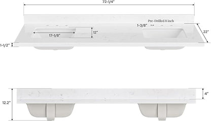 ARIEL 72 inch Double Bathroom Vanity top with Sink, 1.5 Inch Thick Miter Edge Carrara White Quartz top, Rectangle Double Sink Vanity top, Includes Backsplash