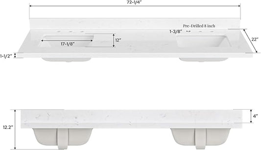 ARIEL 72 inch Double Bathroom Vanity top with Sink, 1.5 Inch Thick Miter Edge Carrara White Quartz top, Rectangle Double Sink Vanity top, Includes Backsplash