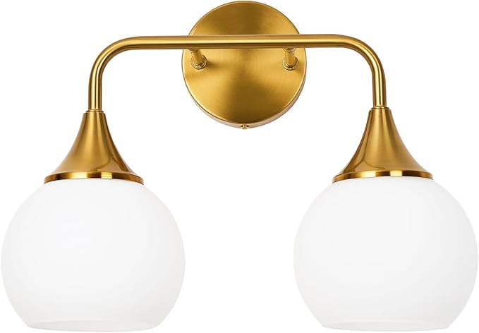 Gold Bathroom Light Fixtures 2-Lights Vanity Lights with Milk White Glass Shade Vanity Lights for Bathroom Modern Bathroom Wall Sconce(Exclude E26 Bulb)