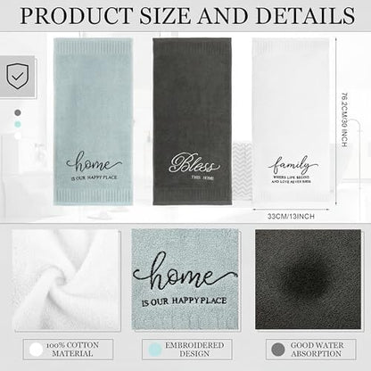 Tiamon 3 Pcs Bathroom Towel Decorative Set 100% Cotton Fluffy Bath Hand Towels for Guest Gifts Farmhouse Kitchen Hand Towels Home(Black, White, Gray,30 x 13 Inch,Home, Family, Love)