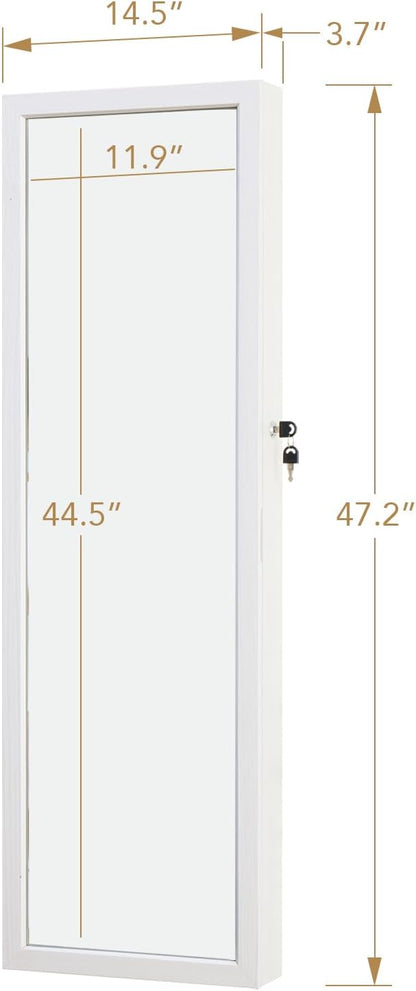Jewelry Armoire Door Wall Mounted Mirror with Storage And Drawers | 47.3"LED Jewelry Cabinet with Mirror with Storage And Drawers White