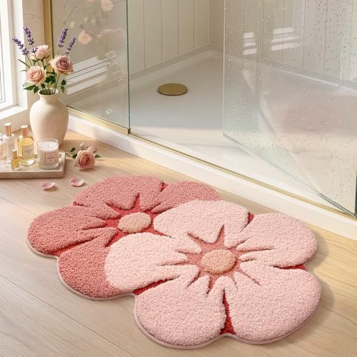 LUMI Flower Bathroom Rug, Absorbent Non Slip Bath Mat, 24"x36", Pink Flower