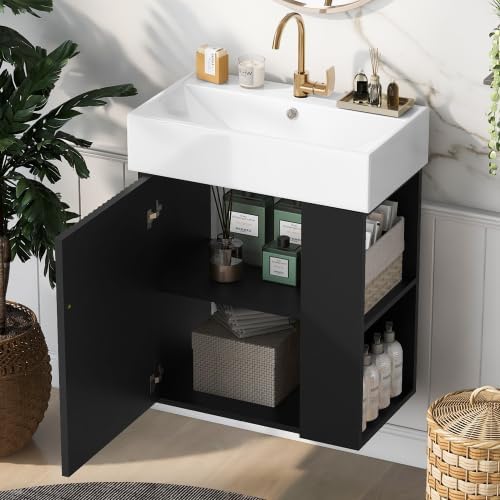 21.6 in Floating Bathroom Vanity with Sink,Soft Closing Doors,Solid Wood Frame & MDF Modern Single Small Black Bathroom Vanity Cabinet with Open Shelf,Wall Mounted