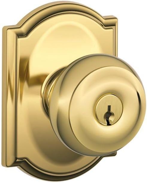 Schlage F51A GEO 605 CAM Georgian Knob with Camelot Trim Keyed Entry Lock, Bright Brass