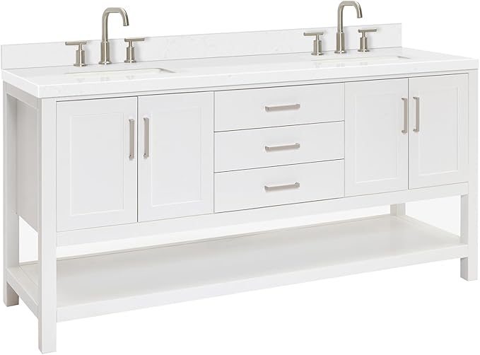 ARIEL Magnolia 72-inch Bathroom Vanity with Sink,Solid Wood, 1.5-inch Carrara White Quartz Countertop, Double Rectangular Porcelain Sink, 4 Soft Closing Doors, 3 Dovetail Drawers, White