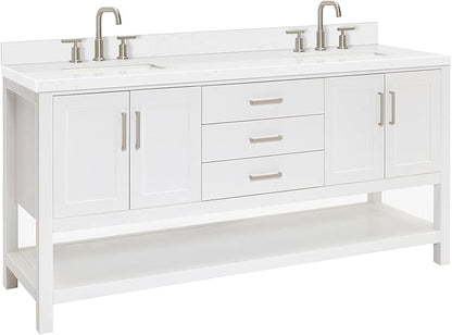 ARIEL Magnolia 72-inch Bathroom Vanity with Sink,Solid Wood, 1.5-inch Carrara White Quartz Countertop, Double Rectangular Porcelain Sink, 4 Soft Closing Doors, 3 Dovetail Drawers, White