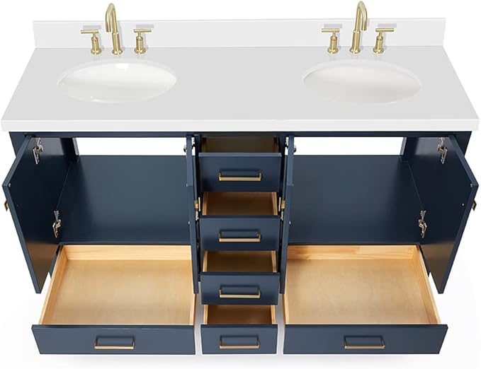 ARIEL Cambridge 60-inch Bathroom Vanity with Sink,Solid Wood, 1.5-inch Pure White Quartz Countertop & Backsplash, Double Oval Porcelain Sink, 4 Soft Closing Doors, 6 Dovetail Drawers, Midnight Blue