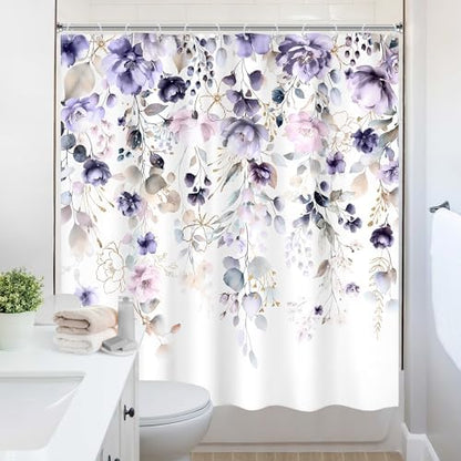 Purple Floral Girls Girly Boho Watercolor Bathroom Shower Curtain Set