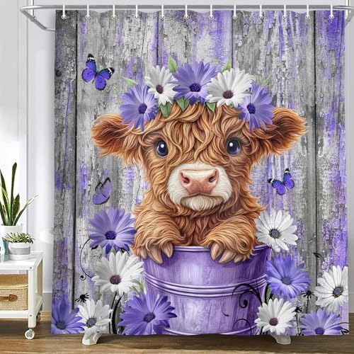 Cute Highland Cow Shower Curtain for Bathroom, Farmhouse Rustic Wooden Cattle Bathroom Decor Set, Funny Daisy Floral Flowers and Butterfly Waterproof Fabric Bath Curtains with 12 Hooks 47X64in