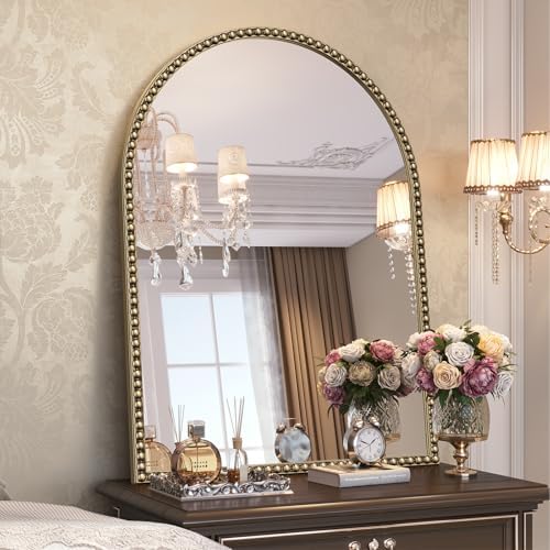 Arched Beaded Mirror for Bathroom,24"x32" Antique Arch Wall Mirror
