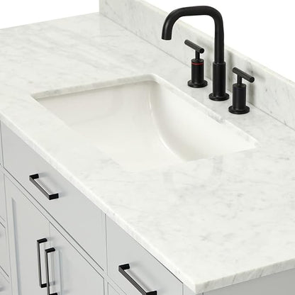 ARIEL Hepburn 60-inch Bathroom Vanity with Sink,Solid Wood, 0.75-inch Italian Carrara Marble Countertop, Single Rectangular Porcelain Sink, 2 Soft Closing Doors, 9 Dovetail Drawers, Grey