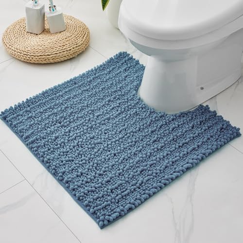 Disolla Toilet Rug 24x24 Inch - Blue U-Shaped Bathroom Floor Mat, Soft Shaggy Plush Absorbent Chenille Contour Rug, Non-Slip Washable Pedestal Base Rug
