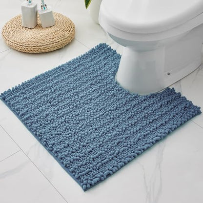 Disolla Toilet Rug 24x24 Inch - Blue U-Shaped Bathroom Floor Mat, Soft Shaggy Plush Absorbent Chenille Contour Rug, Non-Slip Washable Pedestal Base Rug