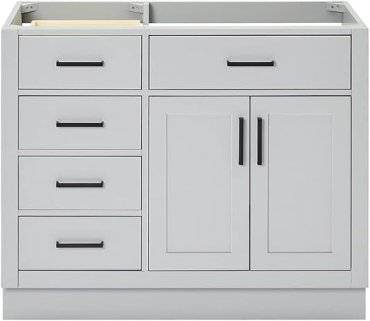 ARIEL Hepburn 42-inch Bathroom Vanity Base Cabinet,Solid Wood, 2 Soft Closing Doors, 5 Dovetail Drawers, Grey