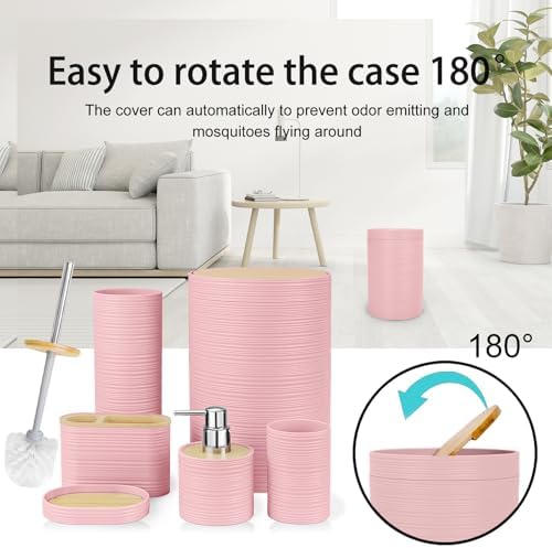 CERBIOR Bamboo Bathroom Accessories Set 6 Piece Spiral Bath Ensemble（Pink）