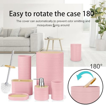 CERBIOR Bamboo Bathroom Accessories Set 6 Piece Spiral Bath Ensemble（Pink）