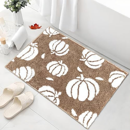 APROPHIC Fall Pumpkin Bath Mats for Bathroom, Thanksgving Super Absorbent Non-Slip Microfiber Shaggy Bath Rugs, Autumn Bathroom Mat for Shower, Tub, Sink, Machine Washable, 20x30 in, Light Brown